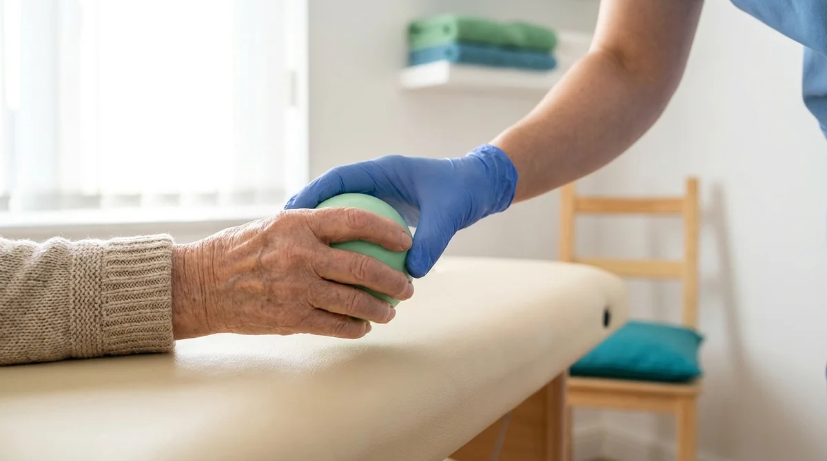 Fizjoterapeuta prowadzi ćwiczenie dłoni starszego pacjenta podczas rehabilitacji neurologicznej